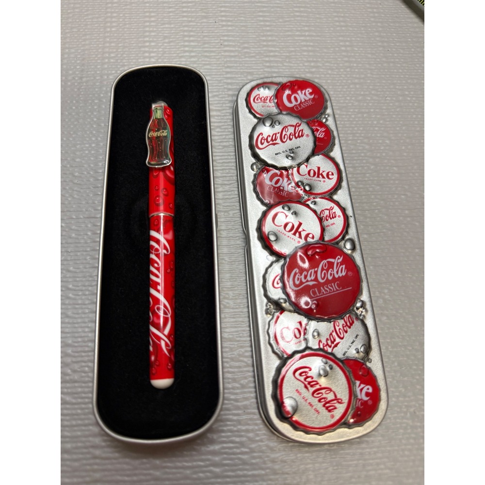 Coca-Cola Classic Ballpoint Pen with Embossed Bottle Cap Metal Gift Tin Red